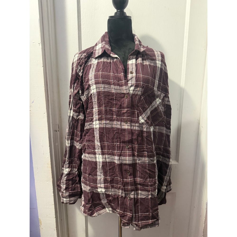 Old Navy Burgundy Plaid Boyfriend Button Down Shirt Women 2X Long Sleeve Cotton